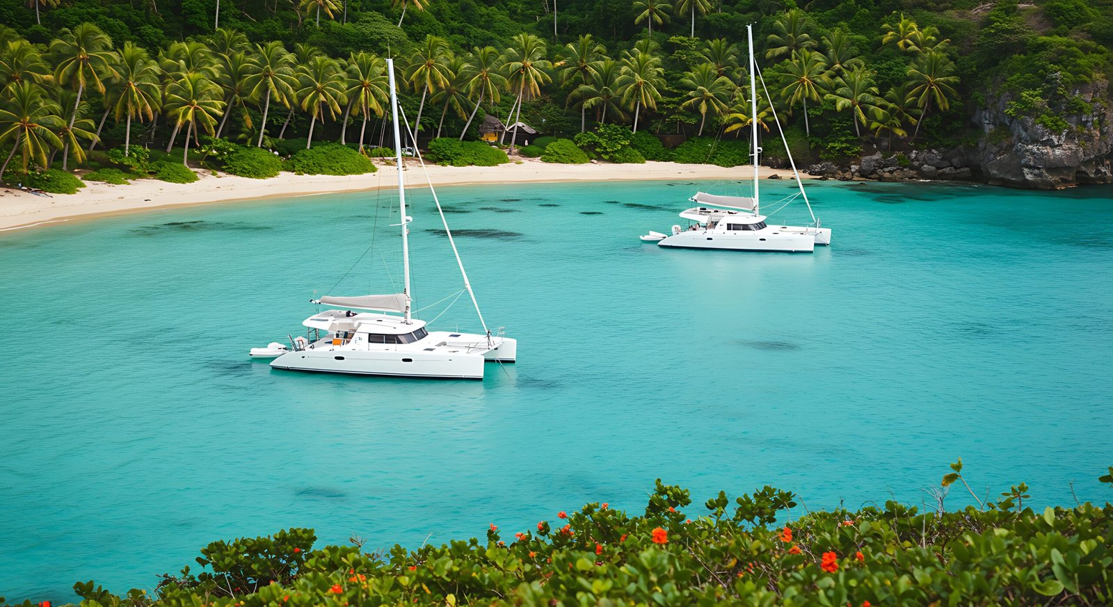 Stunning tropical beach with turquoise water, catamaran and sailboat.  Palm trees line the island paradise beach. Perfect vacation travel spot.