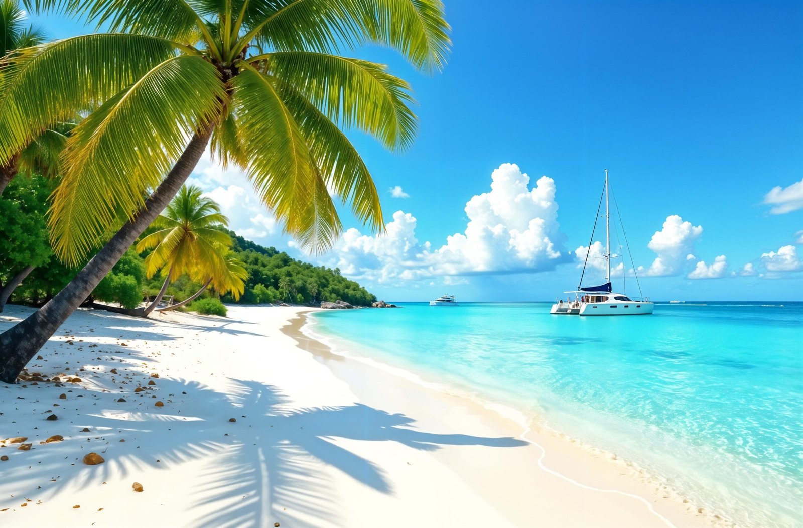 A tropical beach with white sand, bright palms, and calm turquoise sea, a catamaran visible on the horizon